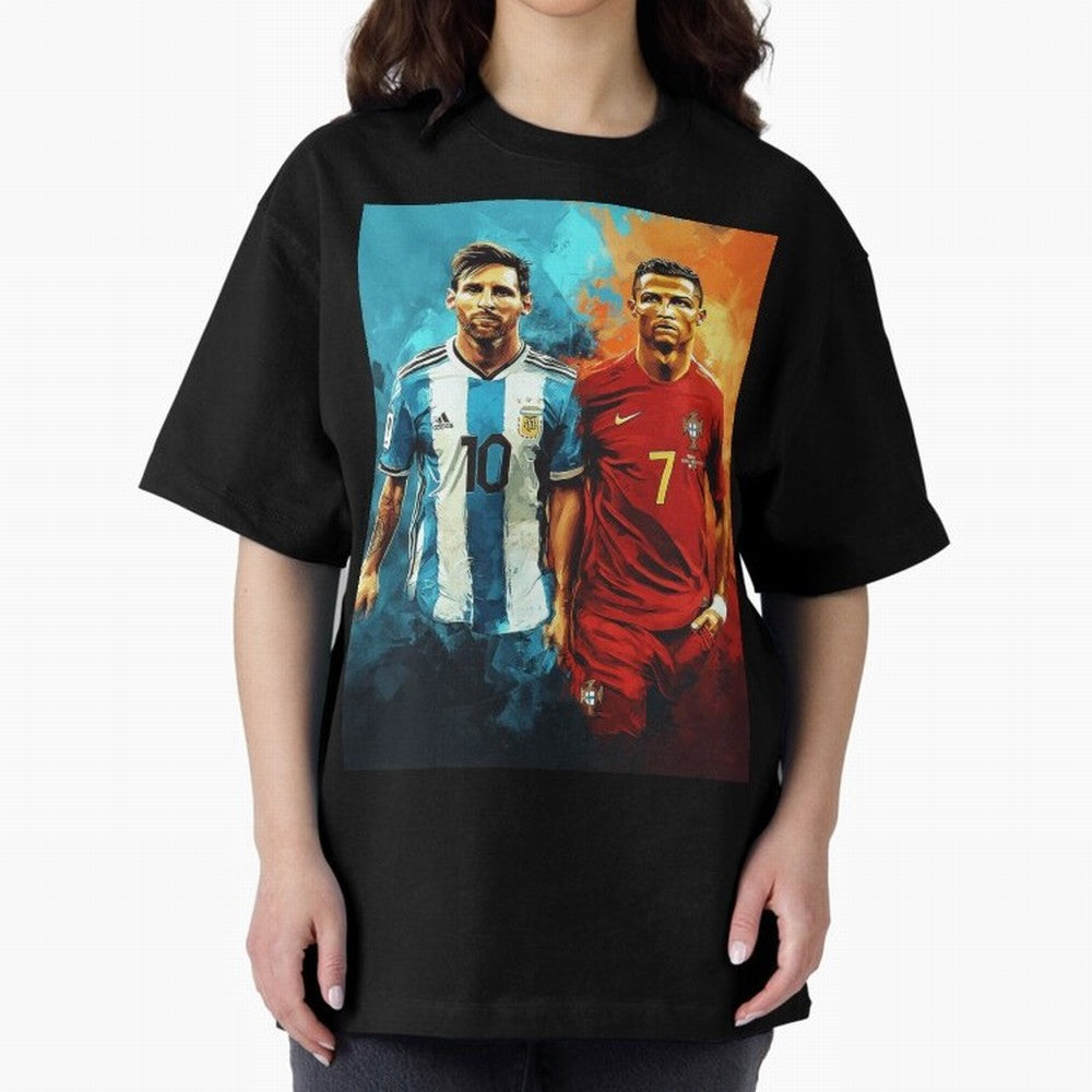 Lionel Messi and Cristiano Ronaldo Oversized T-Shirt Celebrate Golden Goal Energy in Global Football Passion for FIFA World Cup 2026 Group Stage, Made for Neymar, England, France and Netherlands, Football Festival Excitement, Trophy Ambitions,