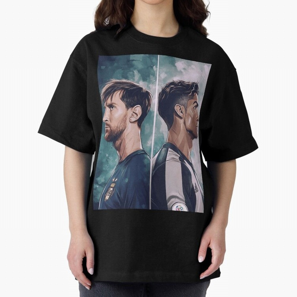 Lionel Messi and Cristiano Ronaldo Oversized T-Shirt Capture Stadium Memories from Global Football Passion for FIFA World Cup 2026 Group Stage, Made for Messi and Cristiano Ronaldo, France, Match Day Excitement, Supporter Culture, Golden Goals and