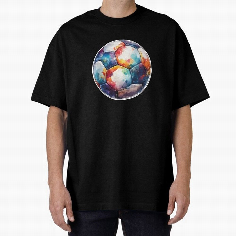 Football Soccer Ball Watercolor Illustration Drawing (Gray Blue BG) Oversized T-Shirt Honor the Beautiful Game during FIFA World Cup 2026 USA Canada Mexico Spirit, Driven by France and Portugal, CR7, Vintage Soccer Flavor, Modern Football Stars,