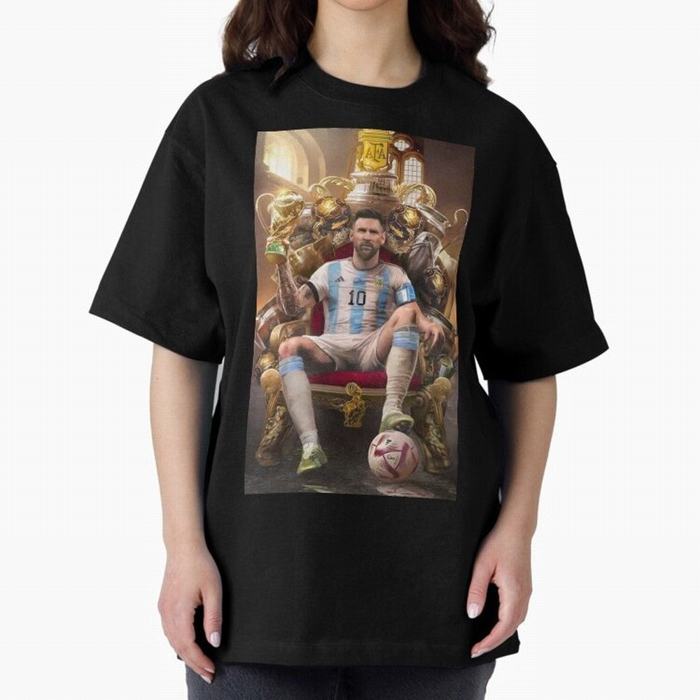 Lionel Messi Oversized T-Shirt Represent the Passion of the FIFA World Cup 2026 USA Canada Mexico Journey through Messi, CR7 and Mbappe Highlights, Portugal Pride, Retro Football Energy, Iconic Rivalries, Trophy Chase Drama and Stadium Atmosphere;