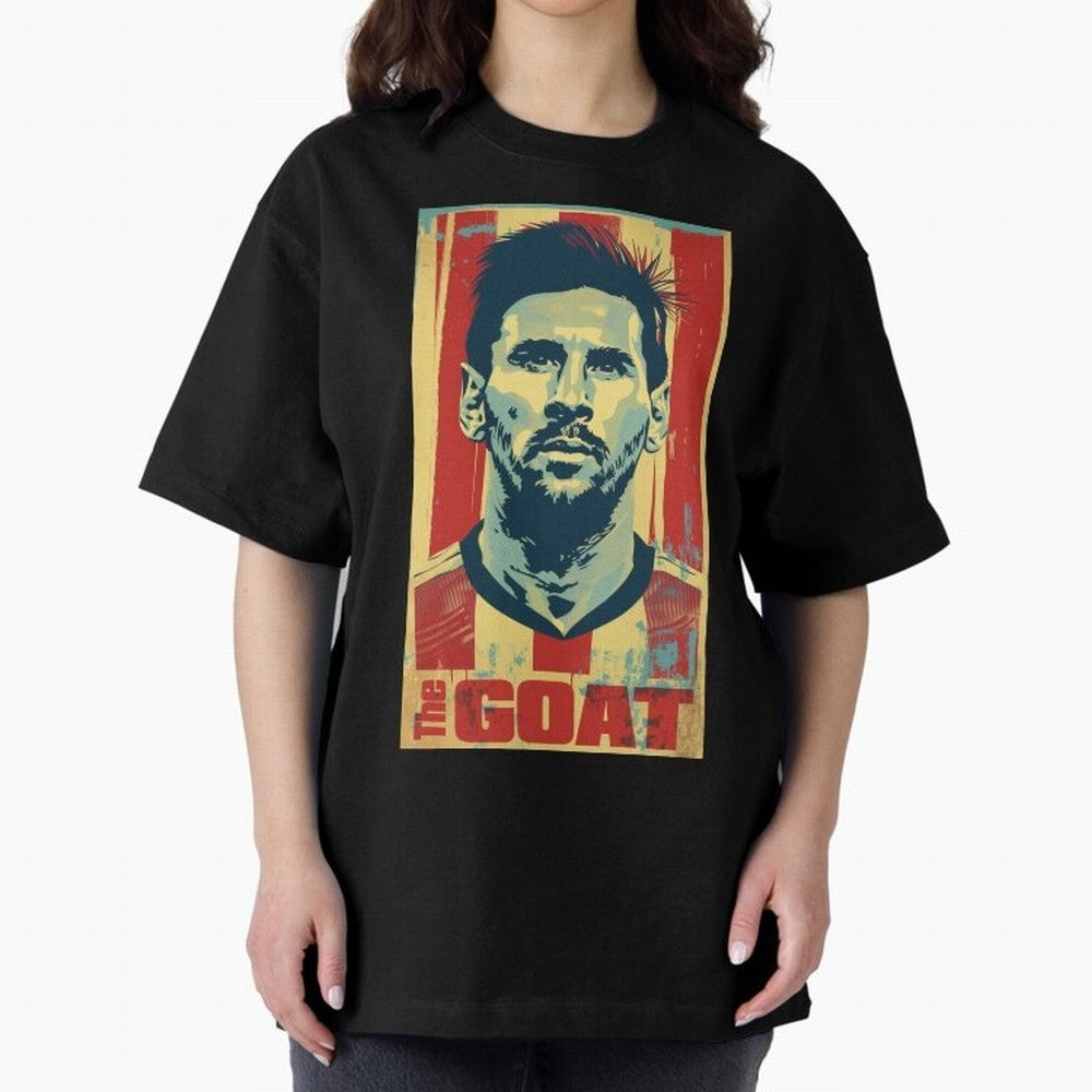 Messi The GOAT Graphic poster design Oversized T-Shirt Step into Global Football Passion for FIFA World Cup 2026 USA Canada Mexico, Filled with Messi, Neymar and Mbappe, Spain, Football History, Final Match Energy, Crowd Noise and Once in a