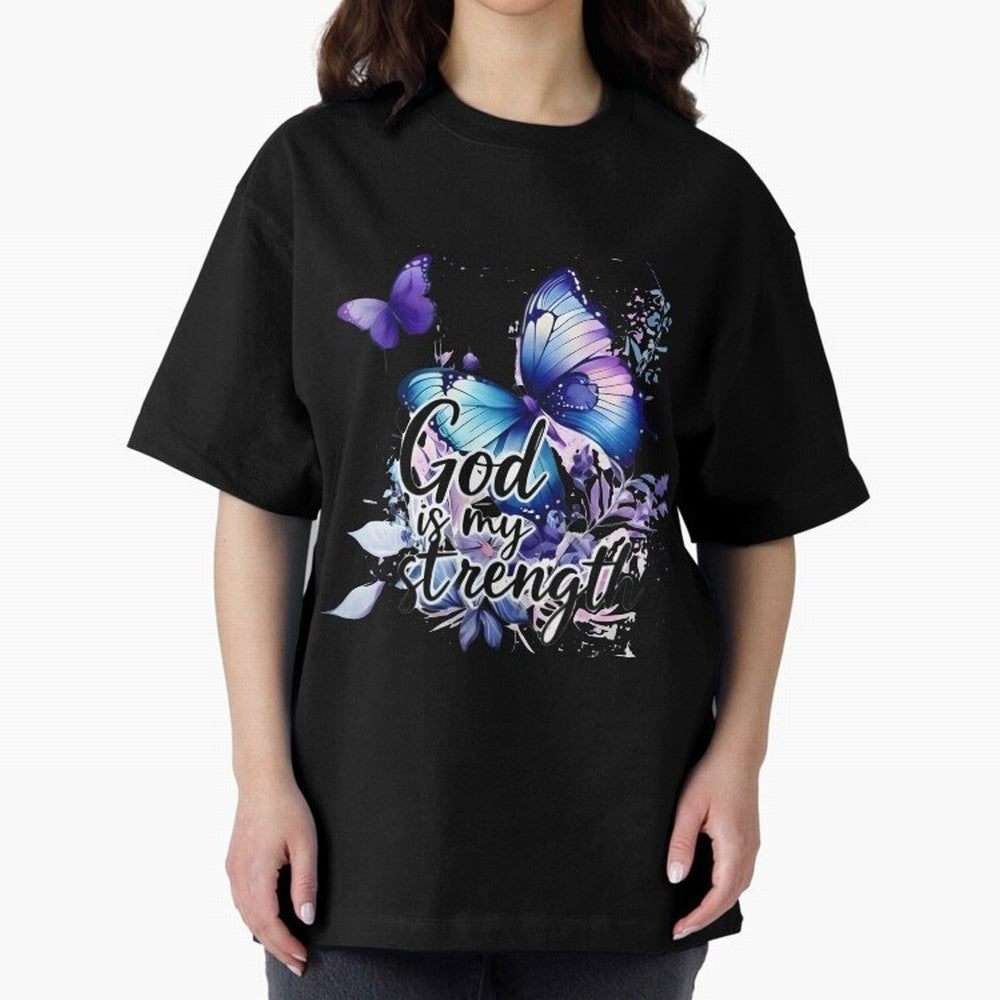 God is My Strength - Blue Butterfly Watercolor Art Oversized T-Shirt Honor FIFA World Cup 2026 Group Stage for Fans of Mbappe and Argentina, Bringing Sports Nostalgia, International Competition, Famous Players and Unforgettable Victories; Perfect