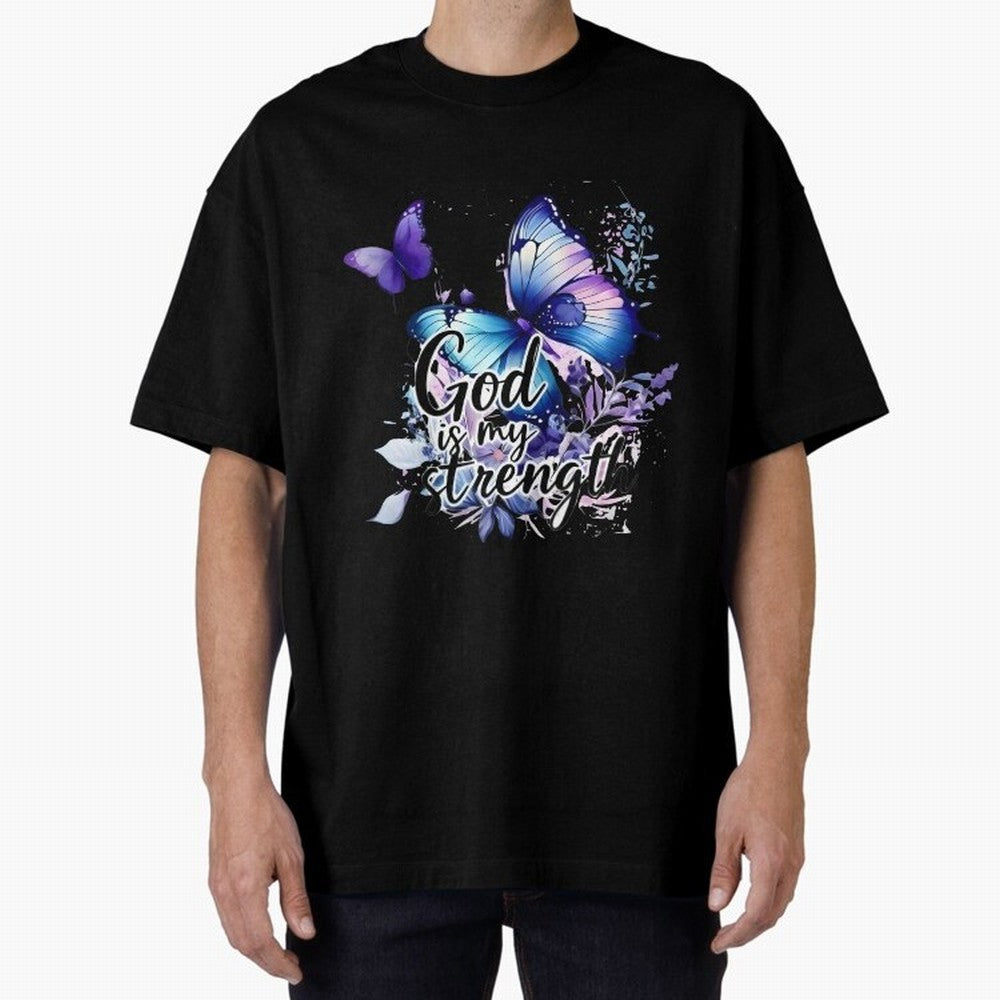 God is My Strength - Blue Butterfly Watercolor Art Oversized T-Shirt Honor FIFA World Cup 2026 Group Stage for Fans of Mbappe and Argentina, Bringing Sports Nostalgia, International Competition, Famous Players and Unforgettable Victories; Perfect