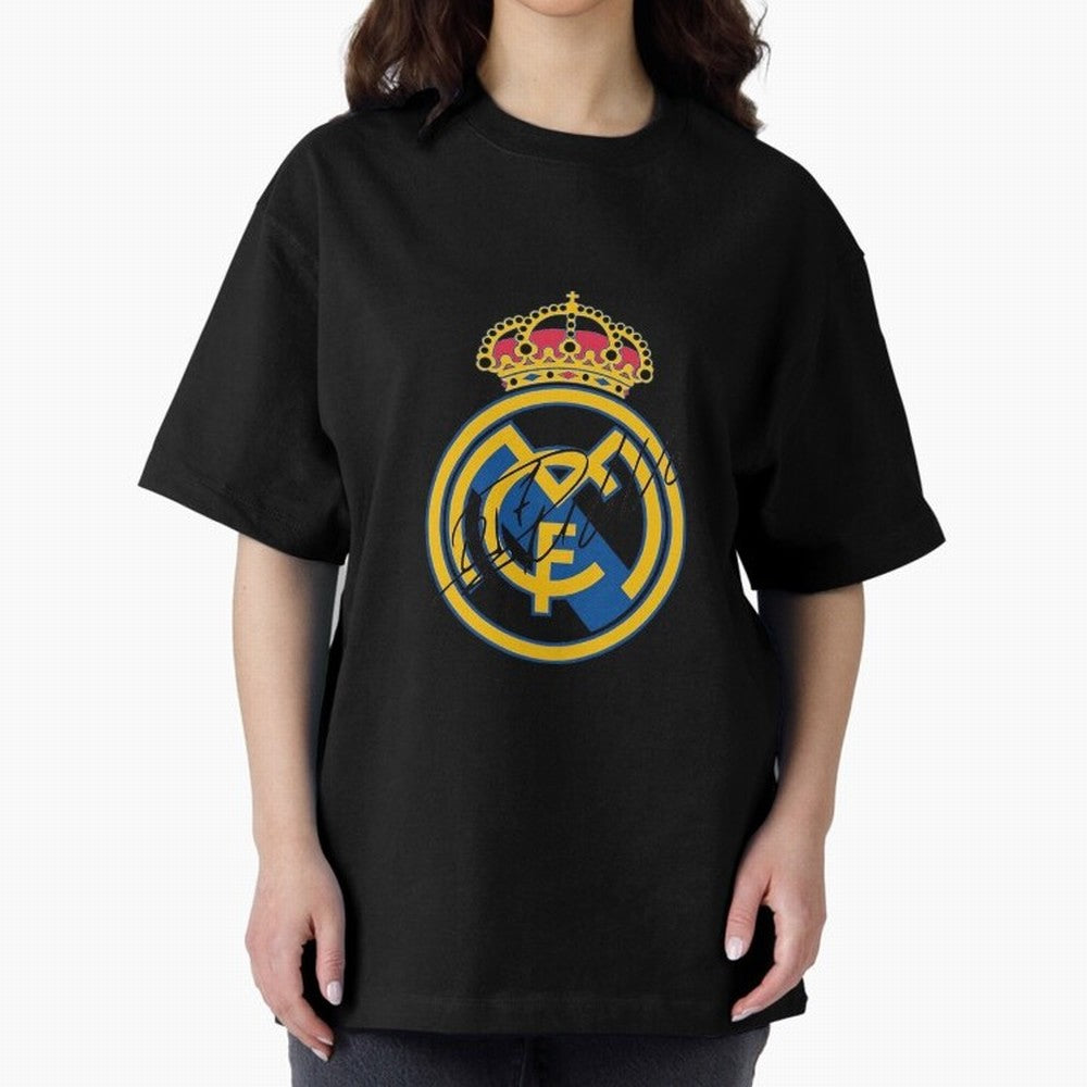 Real Madrid C.F. crest with Cristiano Ronaldo's autograph Oversized T-Shirt Honor FIFA World Cup 2026 for Fans of Mbappe and France, Bringing Stadium Chants, National Pride, Trophy Dreams and Unforgettable Football Memories; Built for Supporters
