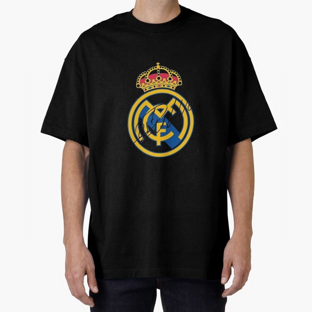 Real Madrid C.F. crest with Cristiano Ronaldo's autograph Oversized T-Shirt Honor FIFA World Cup 2026 for Fans of Mbappe and France, Bringing Stadium Chants, National Pride, Trophy Dreams and Unforgettable Football Memories; Built for Supporters