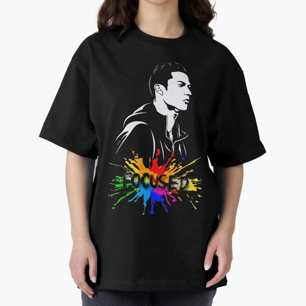 Christiano Ronaldo Focused Oversized T-Shirt Show Support during Global Football Passion for FIFA World Cup 2026 Group Stage, Highlighting Messi and Cristiano Ronaldo, Brazil, Retro Football Energy, Iconic Rivalries, Trophy Chase Drama and Stadium