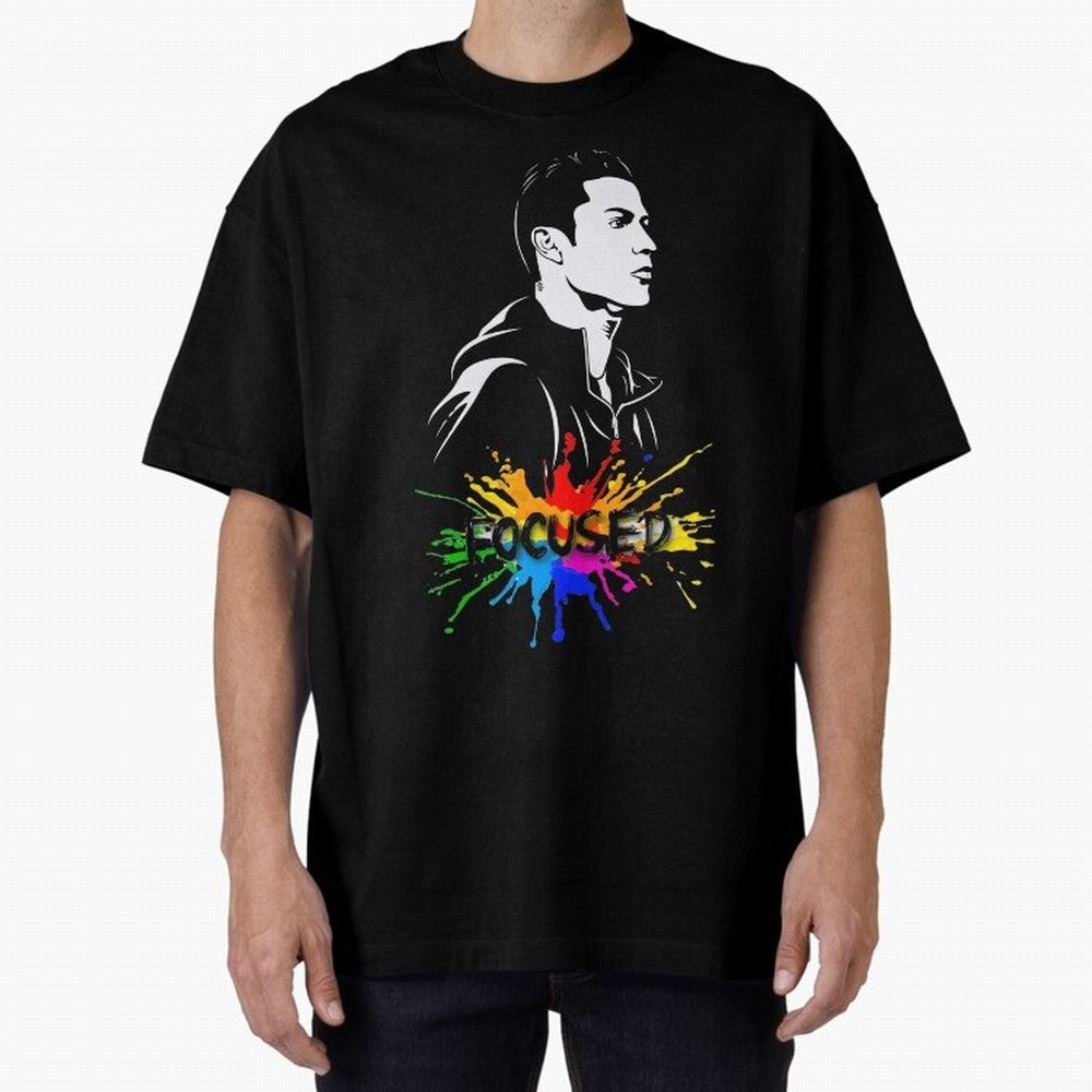 Christiano Ronaldo Focused Oversized T-Shirt Show Support during Global Football Passion for FIFA World Cup 2026 Group Stage, Highlighting Messi and Cristiano Ronaldo, Brazil, Retro Football Energy, Iconic Rivalries, Trophy Chase Drama and Stadium