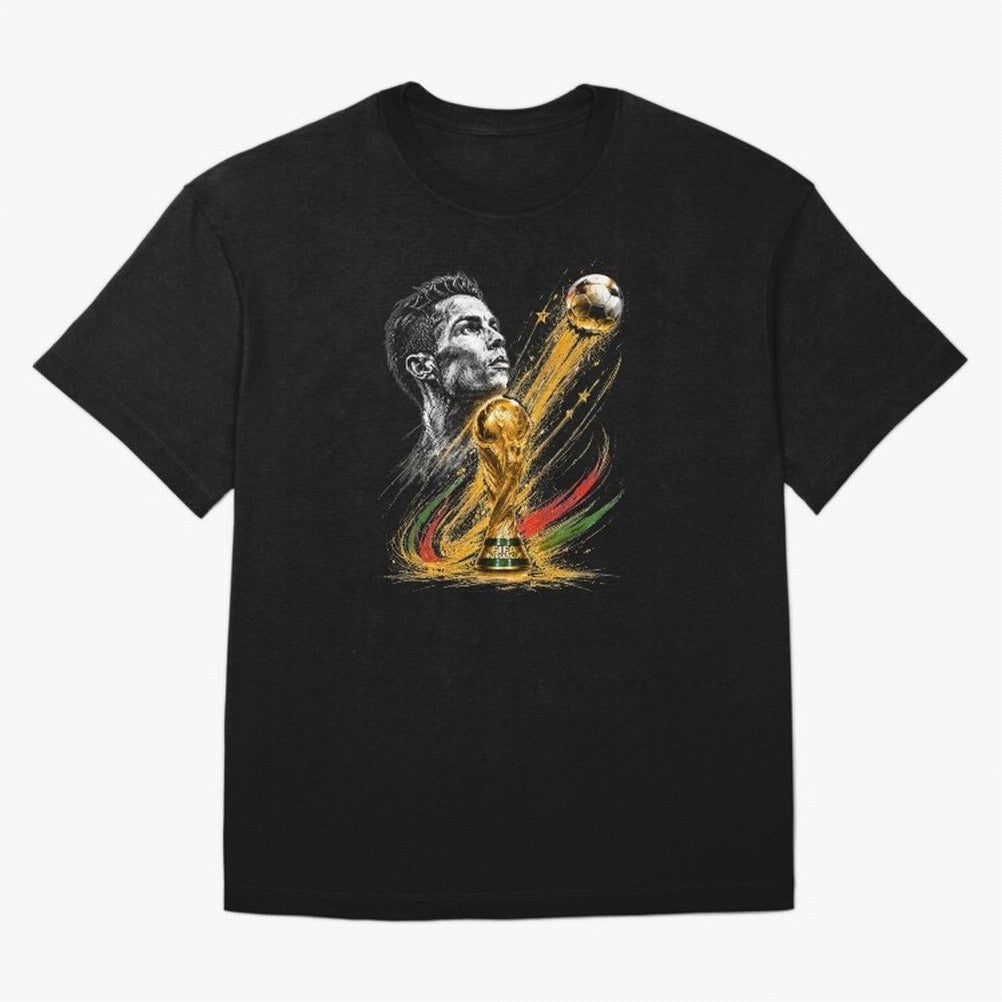 Ronaldo with World Cup Oversized T-Shirt Show Championship Spirit for FIFA World Cup 2026 Spirit, Connected to Argentina and Brazil, Messi and Cristiano Ronaldo, Football Festival Excitement, Trophy Ambitions, Country Rivalries and Star Player