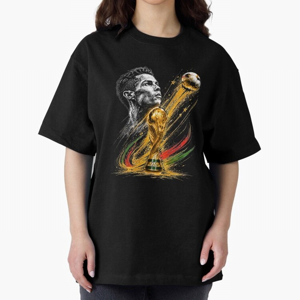 Ronaldo with World Cup Oversized T-Shirt Show Championship Spirit for FIFA World Cup 2026 Spirit, Connected to Argentina and Brazil, Messi and Cristiano Ronaldo, Football Festival Excitement, Trophy Ambitions, Country Rivalries and Star Player