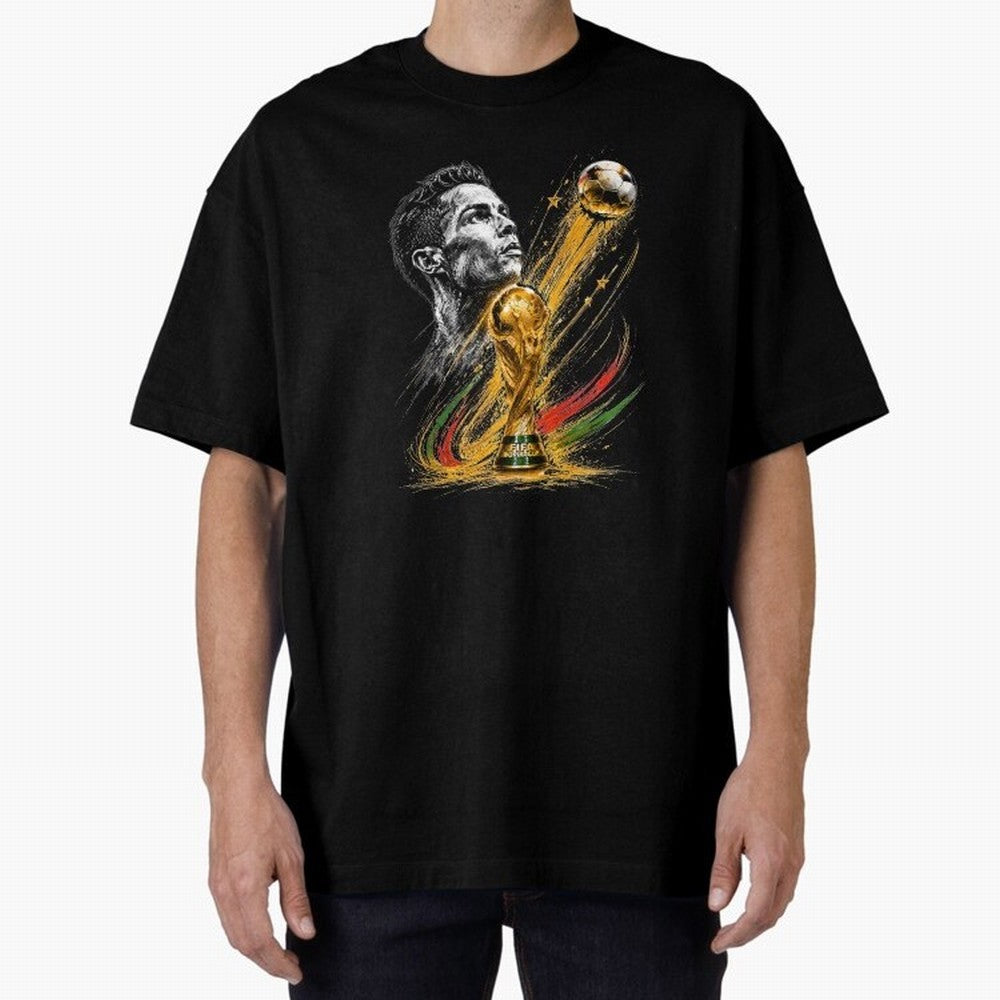 Ronaldo with World Cup Oversized T-Shirt Show Championship Spirit for FIFA World Cup 2026 Spirit, Connected to Argentina and Brazil, Messi and Cristiano Ronaldo, Football Festival Excitement, Trophy Ambitions, Country Rivalries and Star Player