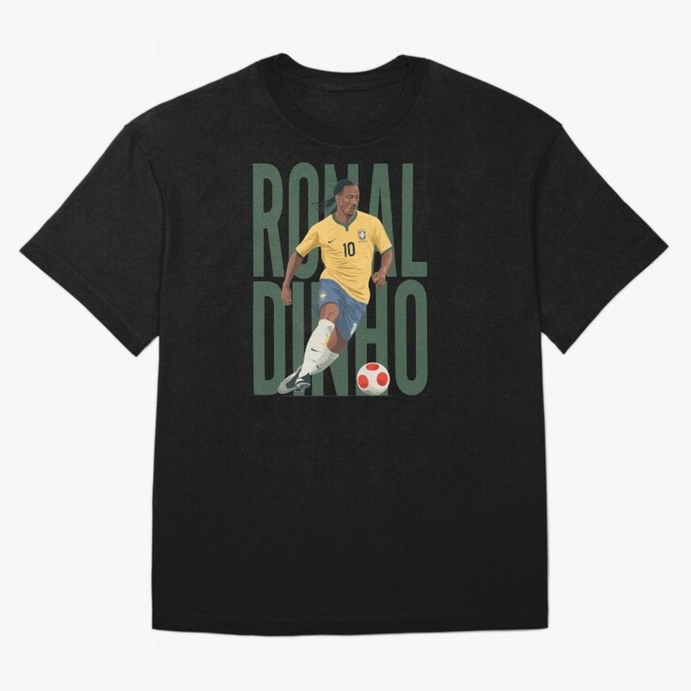 Ronaldinho Gaucho in action Minimalist Graphic Oversized T-Shirt Celebrate Football Heritage in FIFA World Cup 2026 USA Canada Mexico for Fans of Neymar, Haaland and Cristiano Ronaldo and Brazil, Bringing Soccer Culture, Superstar Moments, National
