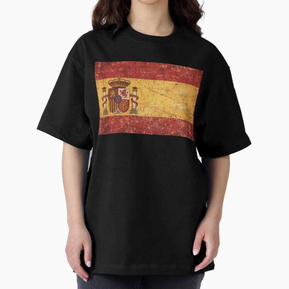 Vintage Distressed Spanish Flag Oversized T-Shirt Carry the Colors and Pride of FIFA World Cup 2026 USA Canada Mexico for Fans of Mbappe and England and Germany, Bringing Football Passion, Legendary Performances, Festival Vibes and Supporter