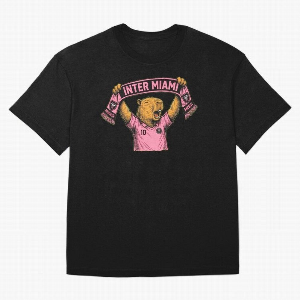 Capybara Inter Miami Fan Celebrating ¨C Funny Soccer Illustration with Scarf Oversized T-Shirt Discover FIFA World Cup 2026 for Fans of Messi, Neymar and Mbappe and Germany, Bringing Football Passion, Legendary Performances, Festival Vibes and
