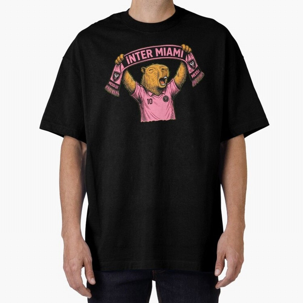Capybara Inter Miami Fan Celebrating ¨C Funny Soccer Illustration with Scarf Oversized T-Shirt Discover FIFA World Cup 2026 for Fans of Messi, Neymar and Mbappe and Germany, Bringing Football Passion, Legendary Performances, Festival Vibes and