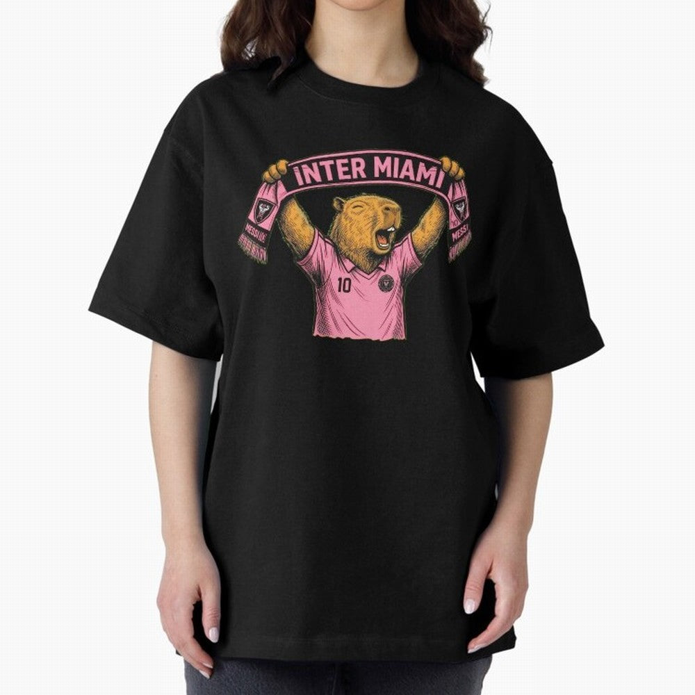 Capybara Inter Miami Fan Celebrating ¨C Funny Soccer Illustration with Scarf Oversized T-Shirt Discover FIFA World Cup 2026 for Fans of Messi, Neymar and Mbappe and Germany, Bringing Football Passion, Legendary Performances, Festival Vibes and