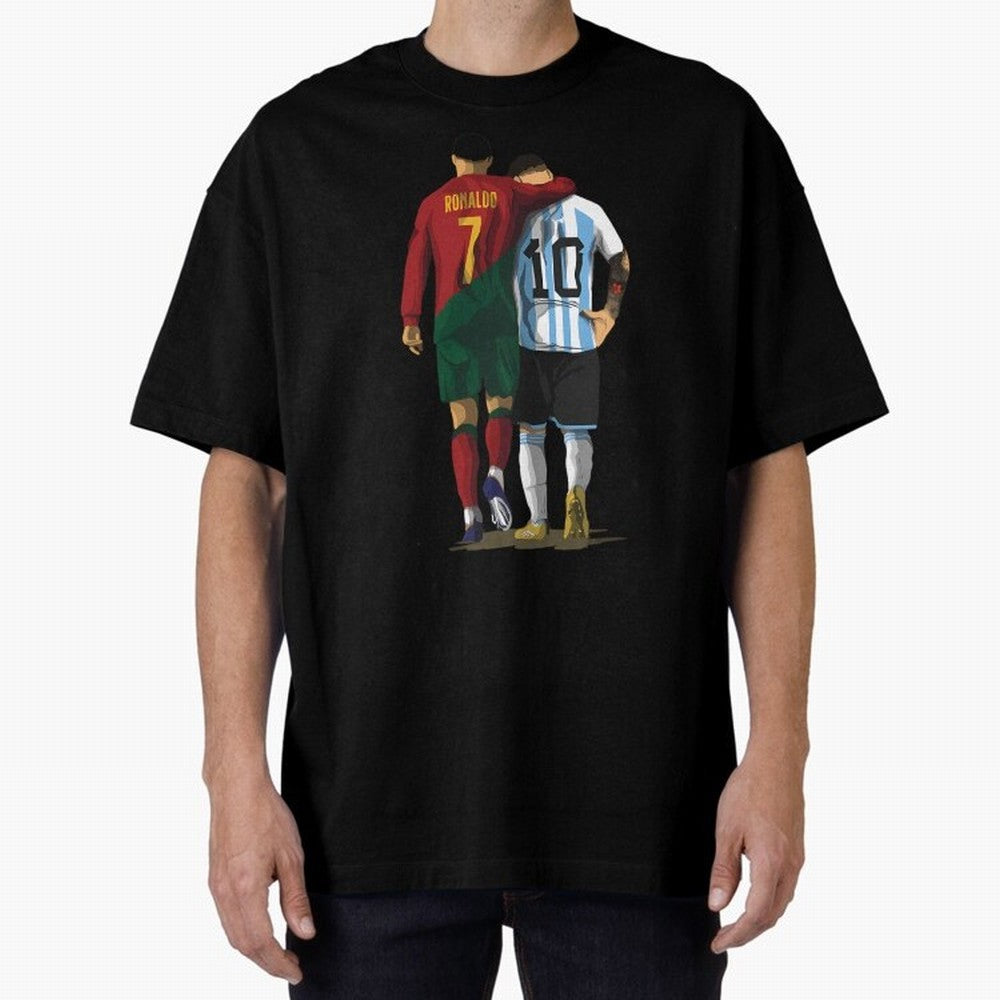 Messi Ronaldo Chit Chat Illustration Oversized T-Shirt Join Supporters Worldwide for Global Football Passion for FIFA World Cup 2026, Connected to Mbappe and Neymar, Spain and Netherlands, Sports Nostalgia, International Competition, Famous Players