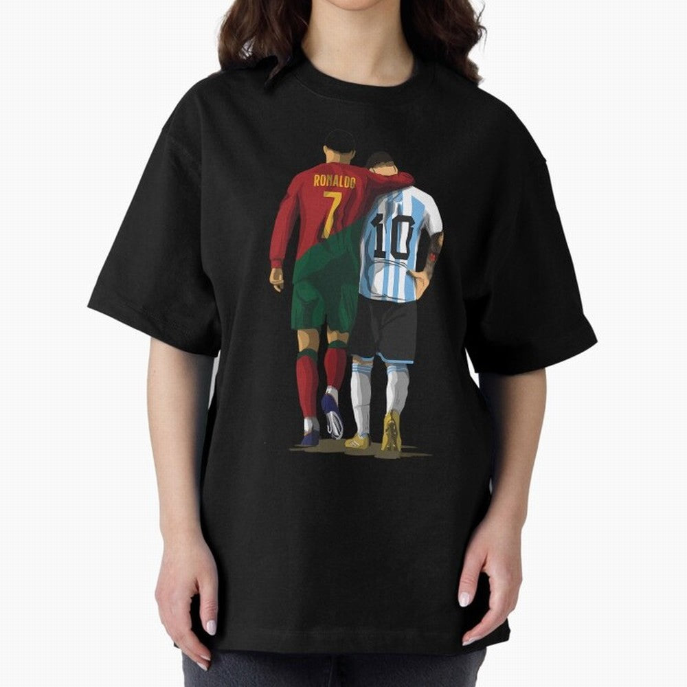 Messi Ronaldo Chit Chat Illustration Oversized T-Shirt Join Supporters Worldwide for Global Football Passion for FIFA World Cup 2026, Connected to Mbappe and Neymar, Spain and Netherlands, Sports Nostalgia, International Competition, Famous Players