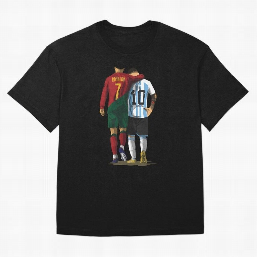 Messi Ronaldo Chit Chat Illustration Oversized T-Shirt Join Supporters Worldwide for Global Football Passion for FIFA World Cup 2026, Connected to Mbappe and Neymar, Spain and Netherlands, Sports Nostalgia, International Competition, Famous Players