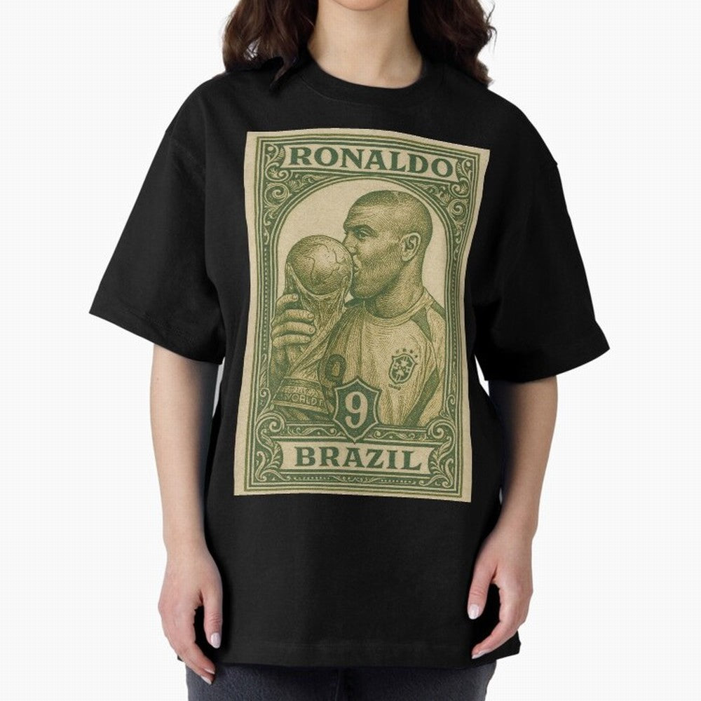Vintage Brazilian Ronaldo Fenomeno R9 Football Legend Stamp Illustration ¨C Retro Soccer World Cup Art Print Oversized T-Shirt Carry the Colors and Pride of FIFA World Cup 2026 USA Canada Mexico Driven by Neymar, Haaland and Cristiano Ronaldo,