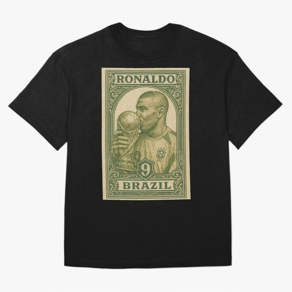 Vintage Brazilian Ronaldo Fenomeno R9 Football Legend Stamp Illustration ¨C Retro Soccer World Cup Art Print Oversized T-Shirt Carry the Colors and Pride of FIFA World Cup 2026 USA Canada Mexico Driven by Neymar, Haaland and Cristiano Ronaldo,