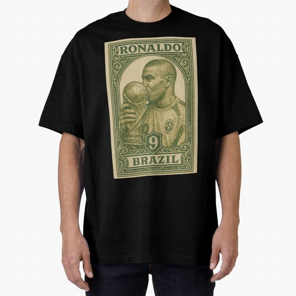 Vintage Brazilian Ronaldo Fenomeno R9 Football Legend Stamp Illustration ¨C Retro Soccer World Cup Art Print Oversized T-Shirt Carry the Colors and Pride of FIFA World Cup 2026 USA Canada Mexico Driven by Neymar, Haaland and Cristiano Ronaldo,