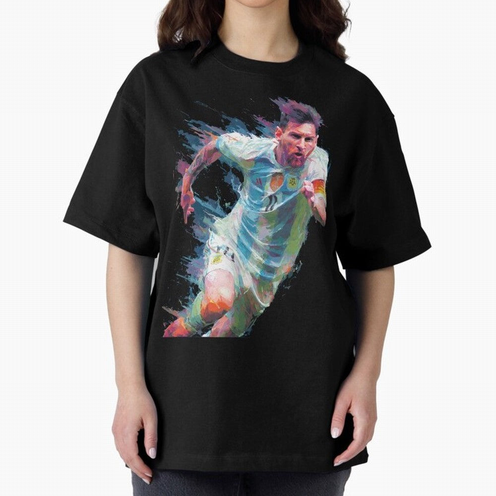 Messi in action Graphic Paint poster design Oversized T-Shirt Embrace FIFA World Cup 2026 for Fans of Neymar, Haaland and Cristiano Ronaldo and Netherlands, Bringing Vintage Soccer Flavor, Modern Football Stars, National Flags and Final Night
