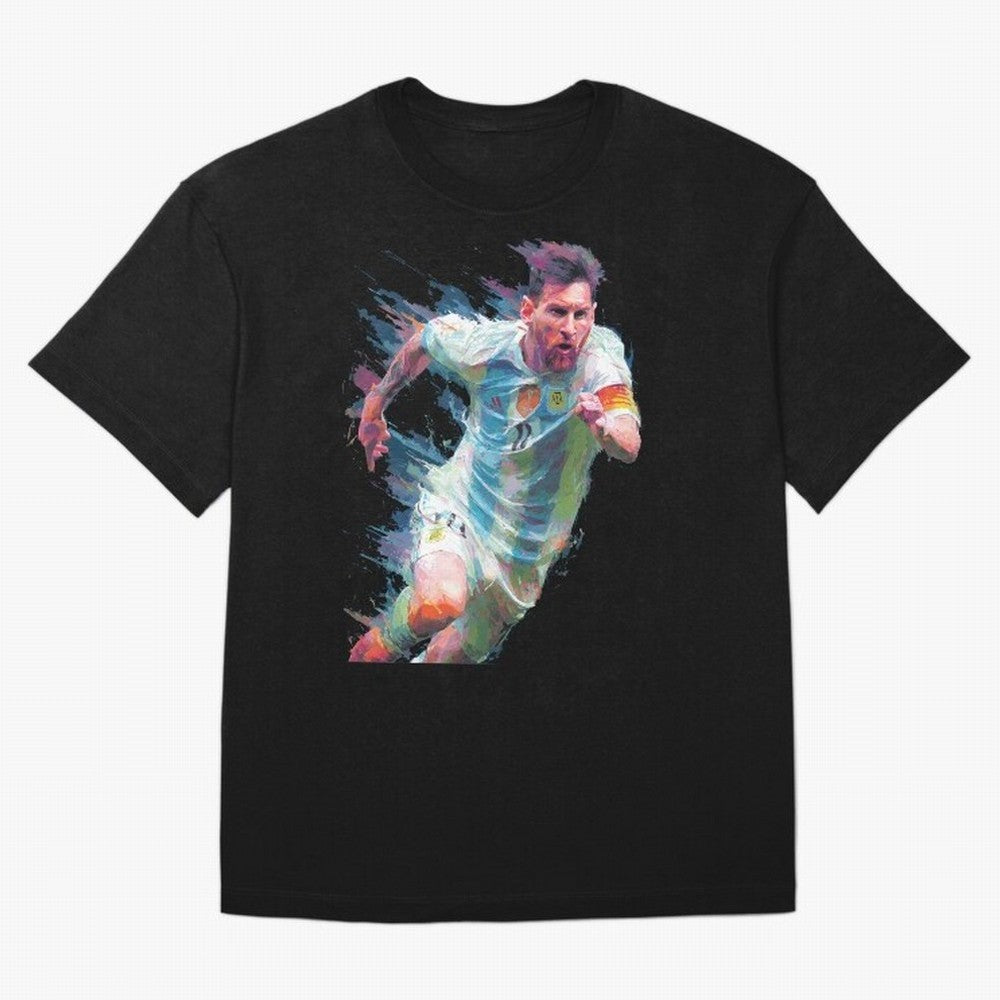 Messi in action Graphic Paint poster design Oversized T-Shirt Embrace FIFA World Cup 2026 for Fans of Neymar, Haaland and Cristiano Ronaldo and Netherlands, Bringing Vintage Soccer Flavor, Modern Football Stars, National Flags and Final Night