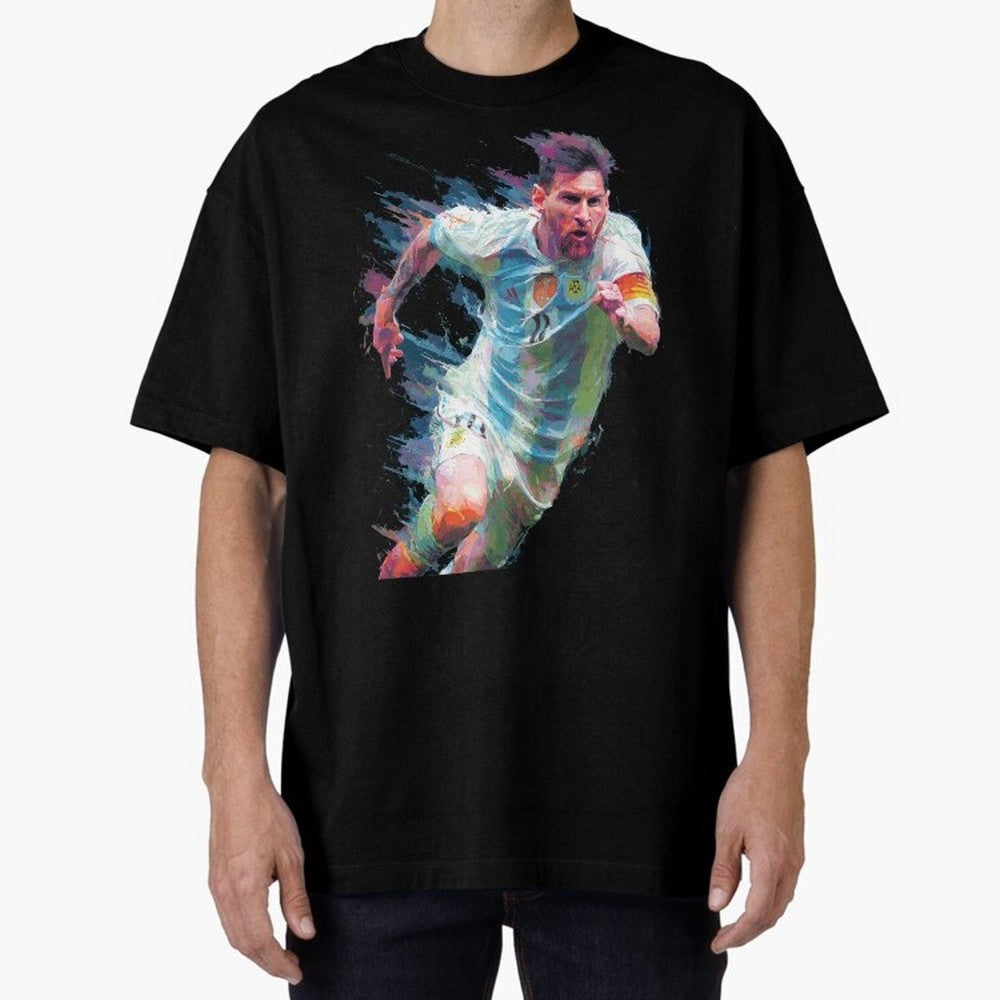 Messi in action Graphic Paint poster design Oversized T-Shirt Embrace FIFA World Cup 2026 for Fans of Neymar, Haaland and Cristiano Ronaldo and Netherlands, Bringing Vintage Soccer Flavor, Modern Football Stars, National Flags and Final Night