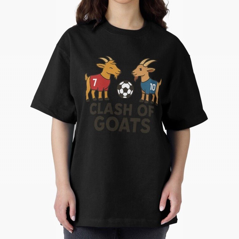 Clash of GOATs ¨C Funny Ronaldo vs Messi Inspired Football T-Shirt Design Oversized T-Shirt Celebrate Golden Goal Energy in FIFA World Cup 2026 Capturing Haaland and Mbappe, Brazil Energy, Sports Nostalgia, International Competition, Famous Players