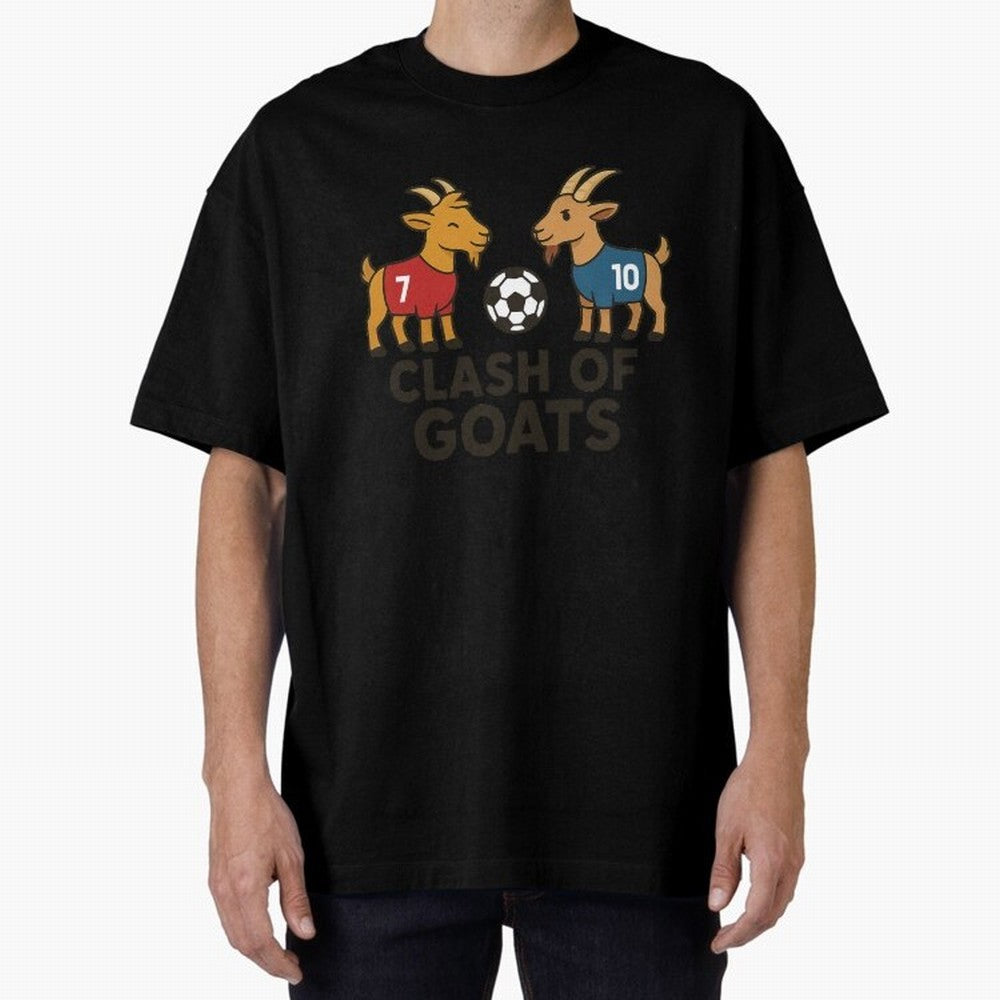 Clash of GOATs ¨C Funny Ronaldo vs Messi Inspired Football T-Shirt Design Oversized T-Shirt Celebrate Golden Goal Energy in FIFA World Cup 2026 Capturing Haaland and Mbappe, Brazil Energy, Sports Nostalgia, International Competition, Famous Players