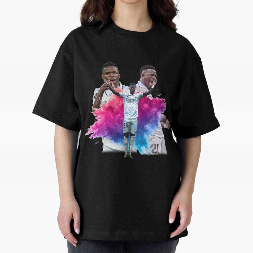 Fanart Vinicius Junior Merch Oversized T-Shirt Support Iconic Players in FIFA World Cup 2026 for Fans of Messi, Neymar and Mbappe and Argentina, France and Brazil, Bringing Classic Soccer Heritage, Championship Pressure, Fan Loyalty and