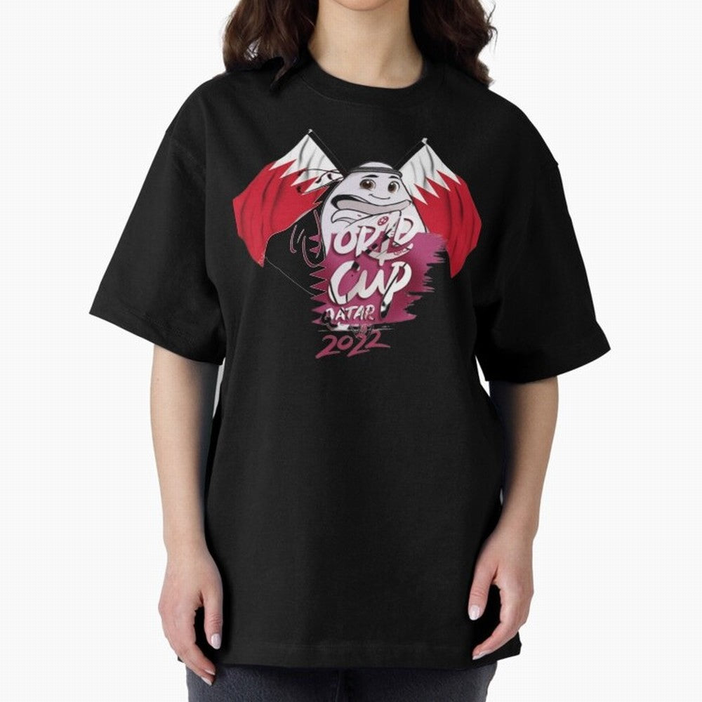 qatar mascot Oversized T-Shirt Elevate FIFA World Cup 2026 Group Stage Spirit, Celebrating England, Haaland and Mbappe, Football Festival Excitement, Trophy Ambitions, Country Rivalries and Star Player Buzz; Created for Match Day Parties, Soccer
