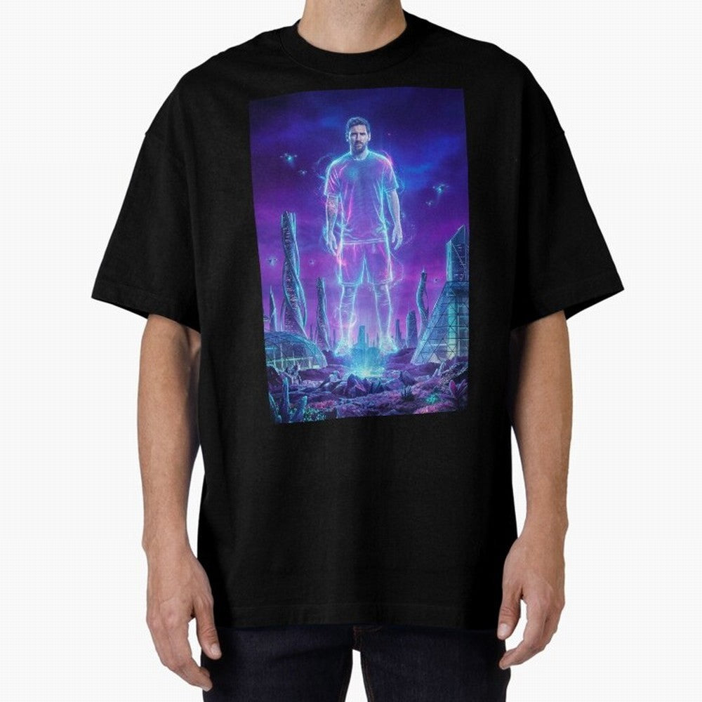 Lionel Messi (GOAT) Hologram in Futuristic Cyberpunk City (Version 5) Classic T-Shirt Honor the Football Icons of FIFA World Cup 2026 Spirit, Built around Argentina, Haaland and Mbappe, Match Day Excitement, Supporter Culture, Golden Goals and