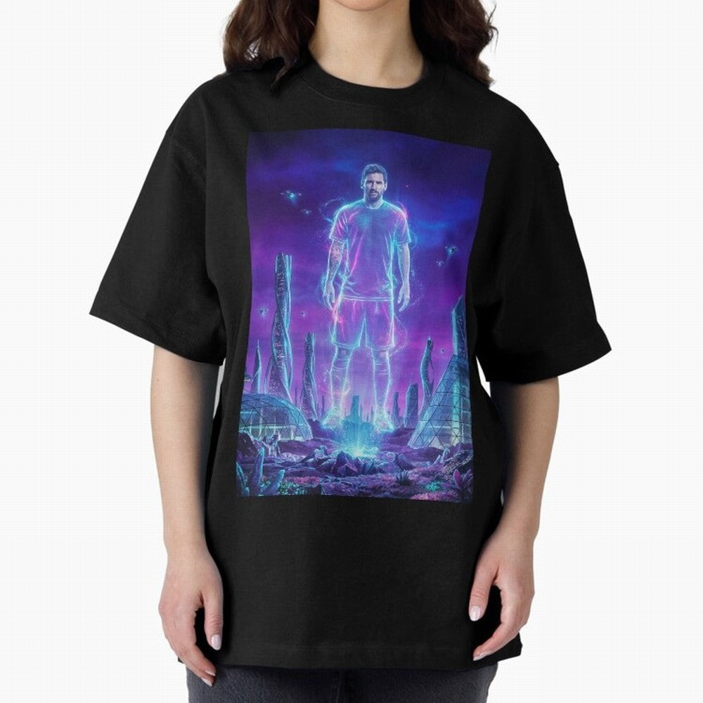 Lionel Messi (GOAT) Hologram in Futuristic Cyberpunk City (Version 5) Classic T-Shirt Honor the Football Icons of FIFA World Cup 2026 Spirit, Built around Argentina, Haaland and Mbappe, Match Day Excitement, Supporter Culture, Golden Goals and