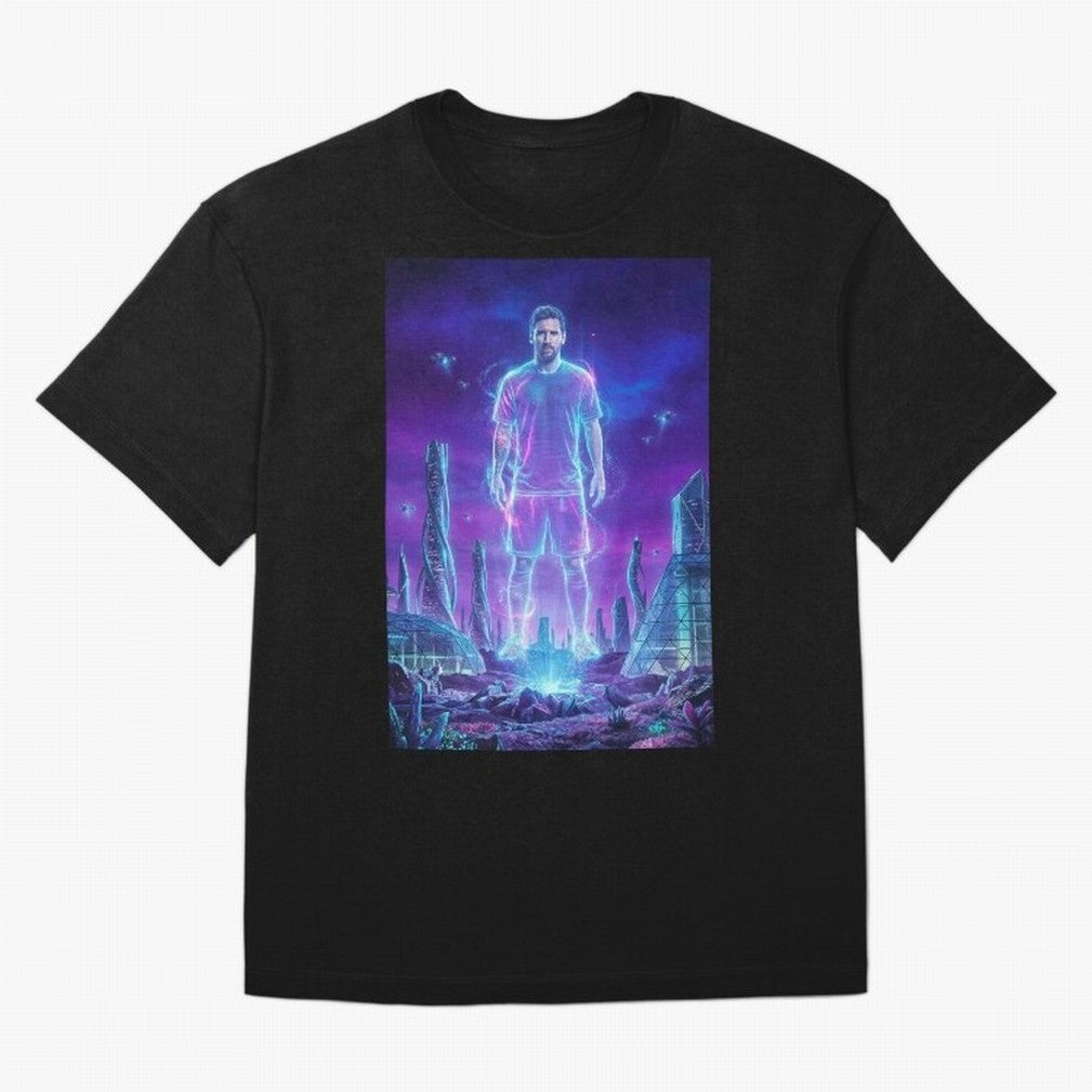 Lionel Messi (GOAT) Hologram in Futuristic Cyberpunk City (Version 5) Classic T-Shirt Honor the Football Icons of FIFA World Cup 2026 Spirit, Built around Argentina, Haaland and Mbappe, Match Day Excitement, Supporter Culture, Golden Goals and