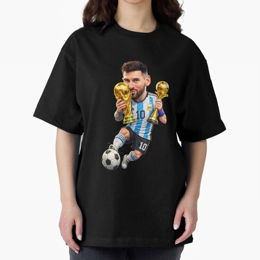 Lionel Messi ¨C Trophy King Caricature Oversized T-Shirt Feel International Energy from the FIFA World Cup 2026 USA Canada Mexico Journey through Cristiano Ronaldo, Haaland and CR7 Highlights, Argentina and Brazil Pride, Match Day Excitement,