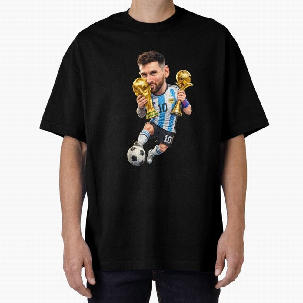 Lionel Messi ¨C Trophy King Caricature Oversized T-Shirt Feel International Energy from the FIFA World Cup 2026 USA Canada Mexico Journey through Cristiano Ronaldo, Haaland and CR7 Highlights, Argentina and Brazil Pride, Match Day Excitement,