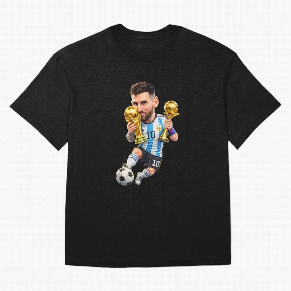 Lionel Messi ¨C Trophy King Caricature Oversized T-Shirt Feel International Energy from the FIFA World Cup 2026 USA Canada Mexico Journey through Cristiano Ronaldo, Haaland and CR7 Highlights, Argentina and Brazil Pride, Match Day Excitement,