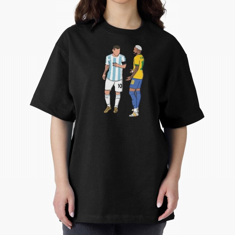 Messi and Neymar Chit Chat Illustration Oversized T-Shirt Turn Every Weekend Toward FIFA World Cup 2026 for Fans of Messi, Neymar and Mbappe and Argentina, France and Brazil, Bringing Goal Celebration Energy, Supporter Heritage, Football Icons and
