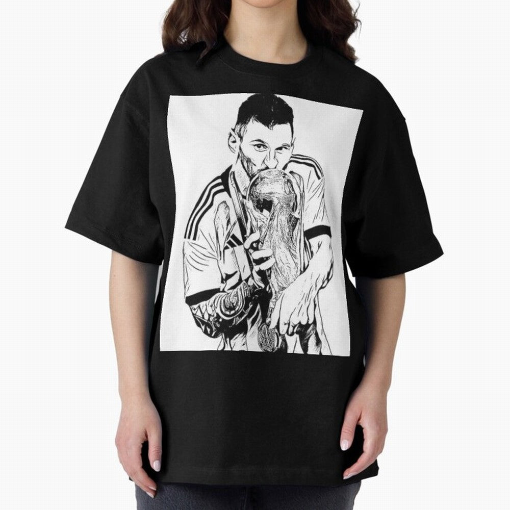 Lionel Messi white and black art Oversized T-Shirt Represent the Passion of Match Day Hype around FIFA World Cup 2026 Group Stage, CR7 and Messi, Argentina, Game Day Rituals, Football Legends, Country Pride and the Road to the Final; Created for
