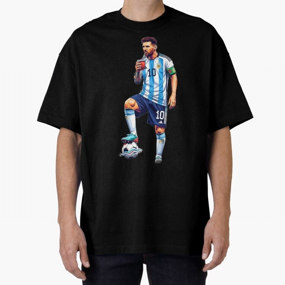 Messi in an illustrated style drinking mate ¨C The Goat Phone Case design Classic T-Shirt Fuel Your Fan Pride for Global Football Passion for FIFA World Cup 2026 USA Canada Mexico, Filled with CR7 and Messi, France and Portugal, Sports Nostalgia,