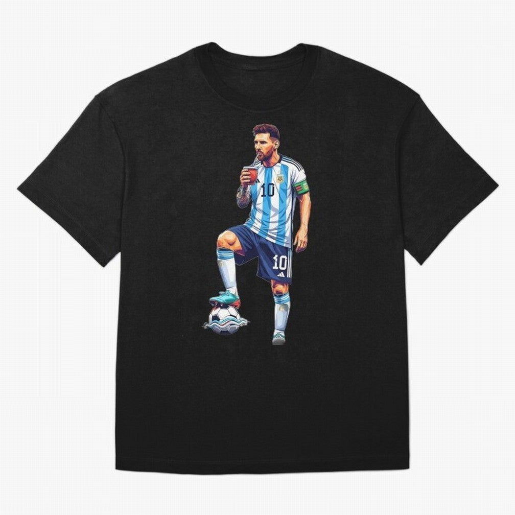 Messi in an illustrated style drinking mate ¨C The Goat Phone Case design Classic T-Shirt Fuel Your Fan Pride for Global Football Passion for FIFA World Cup 2026 USA Canada Mexico, Filled with CR7 and Messi, France and Portugal, Sports Nostalgia,
