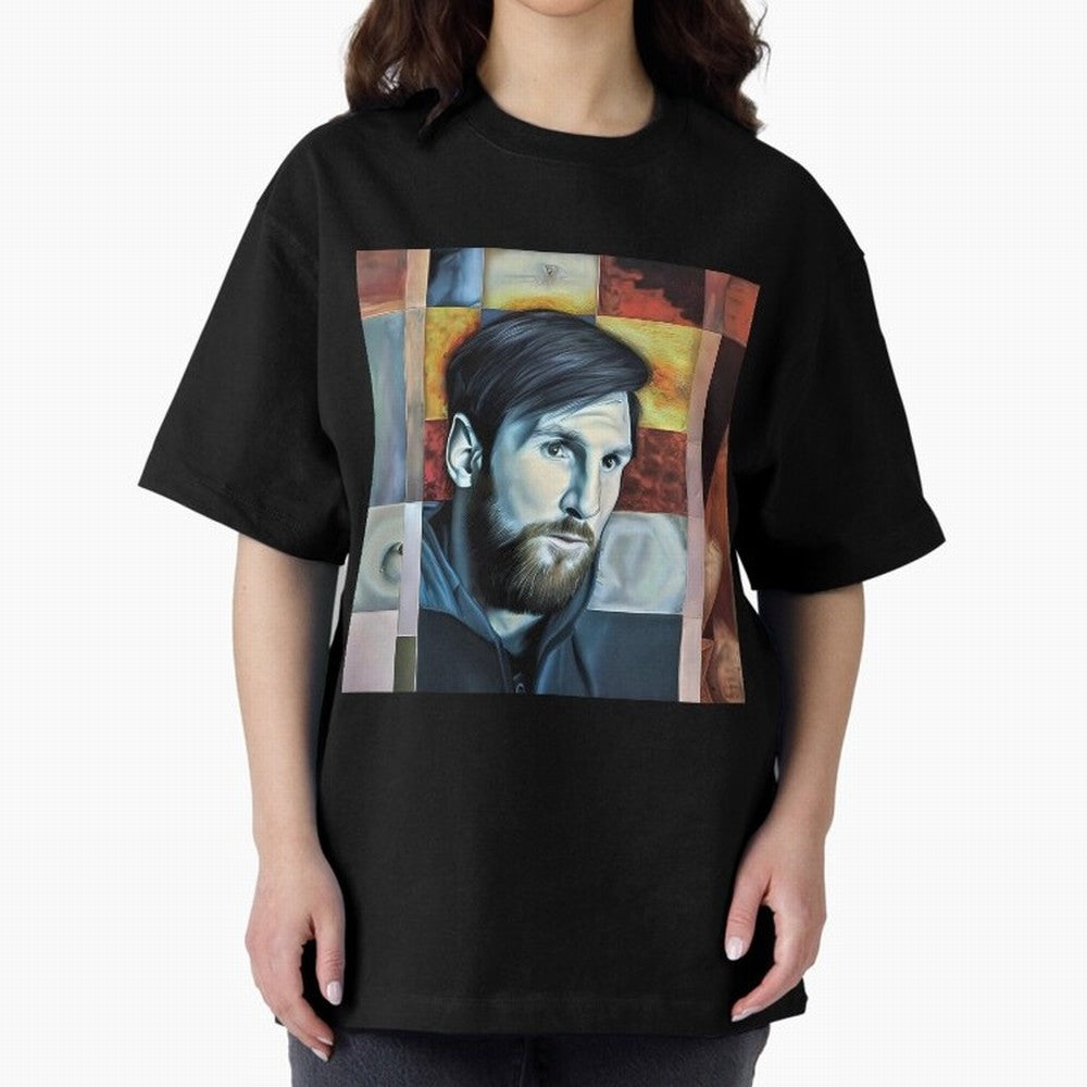 Messi on digital board Oversized T-Shirt Keep Football History Alive during Match Day Hype around FIFA World Cup 2026 Group Stage, Haaland, Argentina and Brazil, Global Supporter Spirit, Legendary Goals, National Colors and Tournament Celebration;