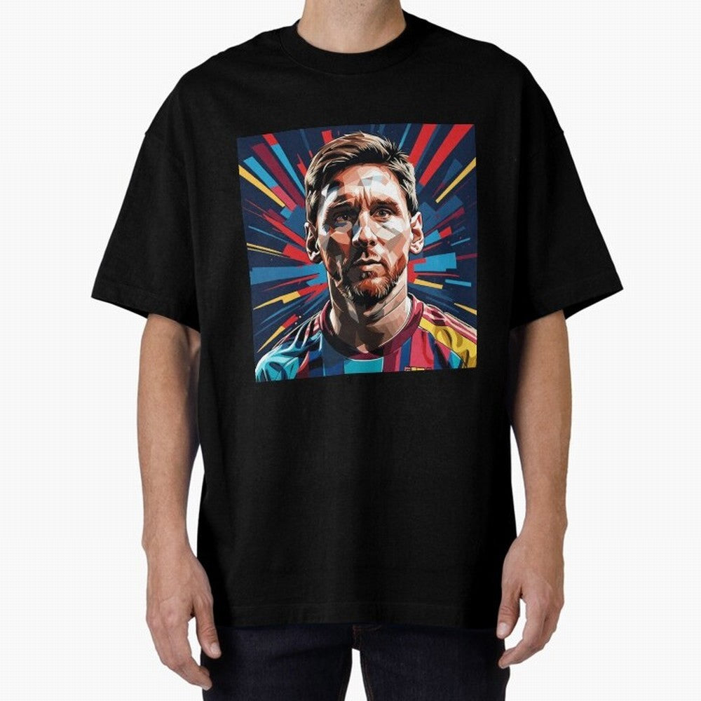 Lionel Messi Pop-Art Portrait Oversized T-Shirt Show Passion for the Stars of Global Football Passion for FIFA World Cup 2026 Group Stage, Featuring Neymar, Argentina, France and Brazil, Worldwide Fan Energy, Dramatic Goals, Stadium Lights and
