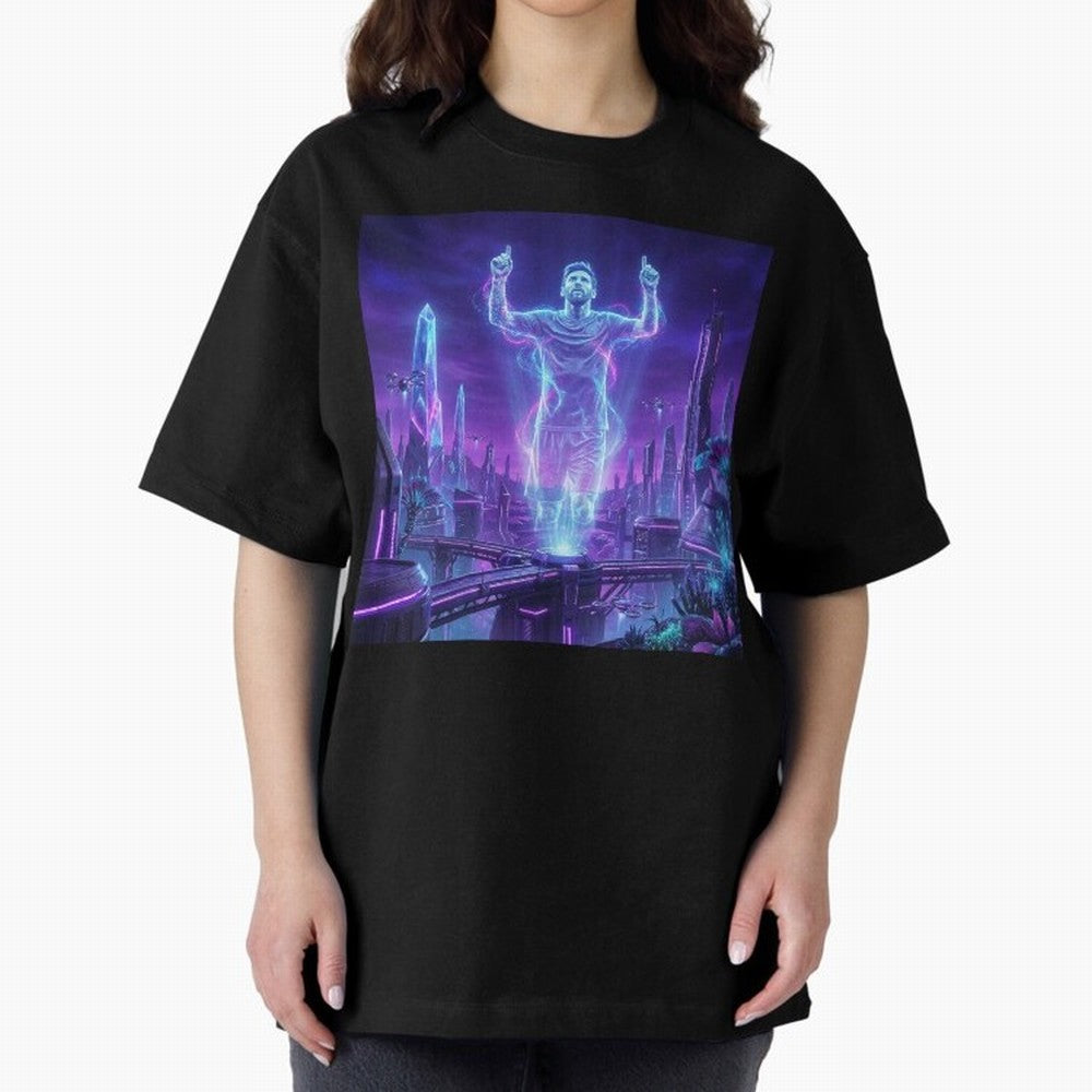 Lionel Messi (GOAT) Hologram in Futuristic Cyberpunk City (Version 2) Classic T-Shirt Celebrate Soccer Greatness during FIFA World Cup 2026 Spirit, Capturing Portugal, Cristiano Ronaldo, Sports Nostalgia, International Competition, Famous Players