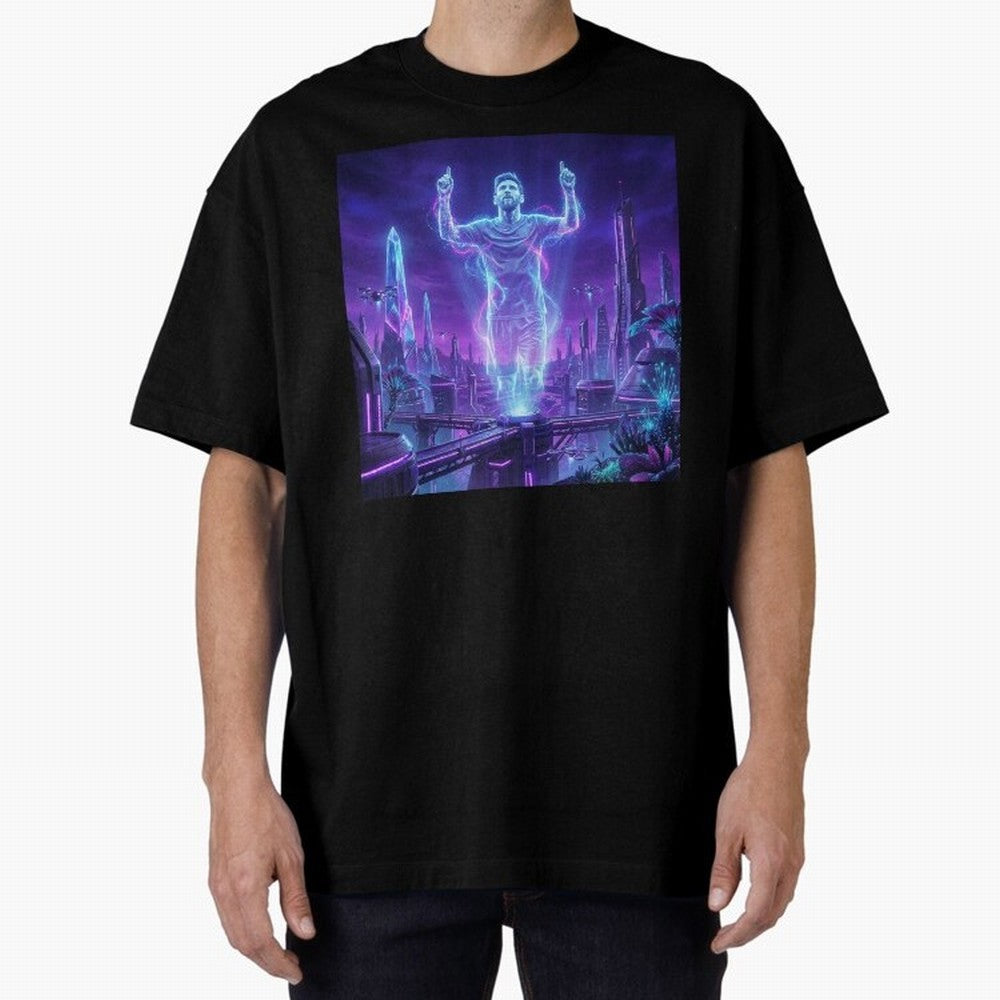 Lionel Messi (GOAT) Hologram in Futuristic Cyberpunk City (Version 2) Classic T-Shirt Celebrate Soccer Greatness during FIFA World Cup 2026 Spirit, Capturing Portugal, Cristiano Ronaldo, Sports Nostalgia, International Competition, Famous Players