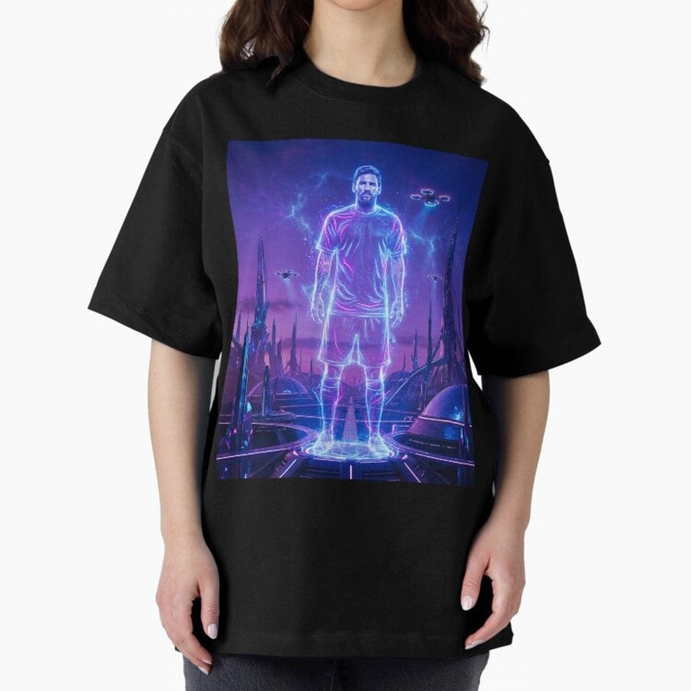 Lionel Messi (GOAT) Hologram in Futuristic Cyberpunk City (Version 4) Classic T-Shirt Fuel the Hype around the FIFA World Cup 2026 Group Stage Journey through Neymar, Haaland and Cristiano Ronaldo Highlights, Brazil, Portugal and Argentina Pride,