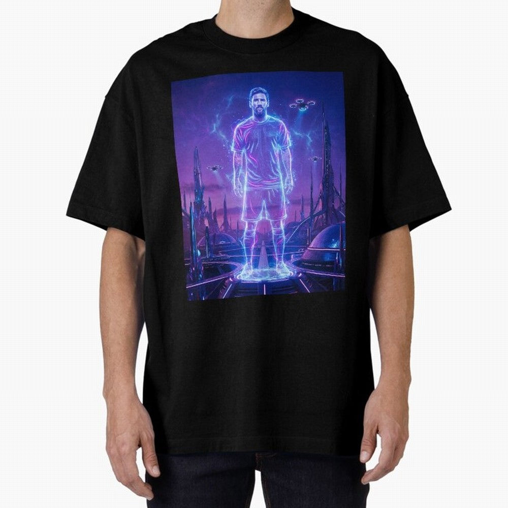 Lionel Messi (GOAT) Hologram in Futuristic Cyberpunk City (Version 4) Classic T-Shirt Fuel the Hype around the FIFA World Cup 2026 Group Stage Journey through Neymar, Haaland and Cristiano Ronaldo Highlights, Brazil, Portugal and Argentina Pride,