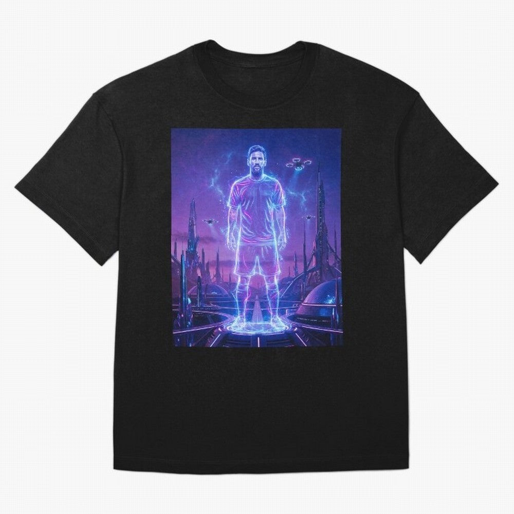 Lionel Messi (GOAT) Hologram in Futuristic Cyberpunk City (Version 4) Classic T-Shirt Fuel the Hype around the FIFA World Cup 2026 Group Stage Journey through Neymar, Haaland and Cristiano Ronaldo Highlights, Brazil, Portugal and Argentina Pride,