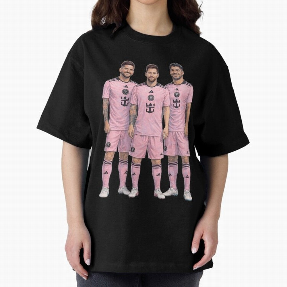 Messi, De Paul and Suarez Inter Miami artistic style ¨C MLS Soccer Oversized T-Shirt Stand Out with Spirit from Global Football Passion for FIFA World Cup 2026 USA Canada Mexico, Centered on Mbappe, Germany, Football History, Final Match Energy,